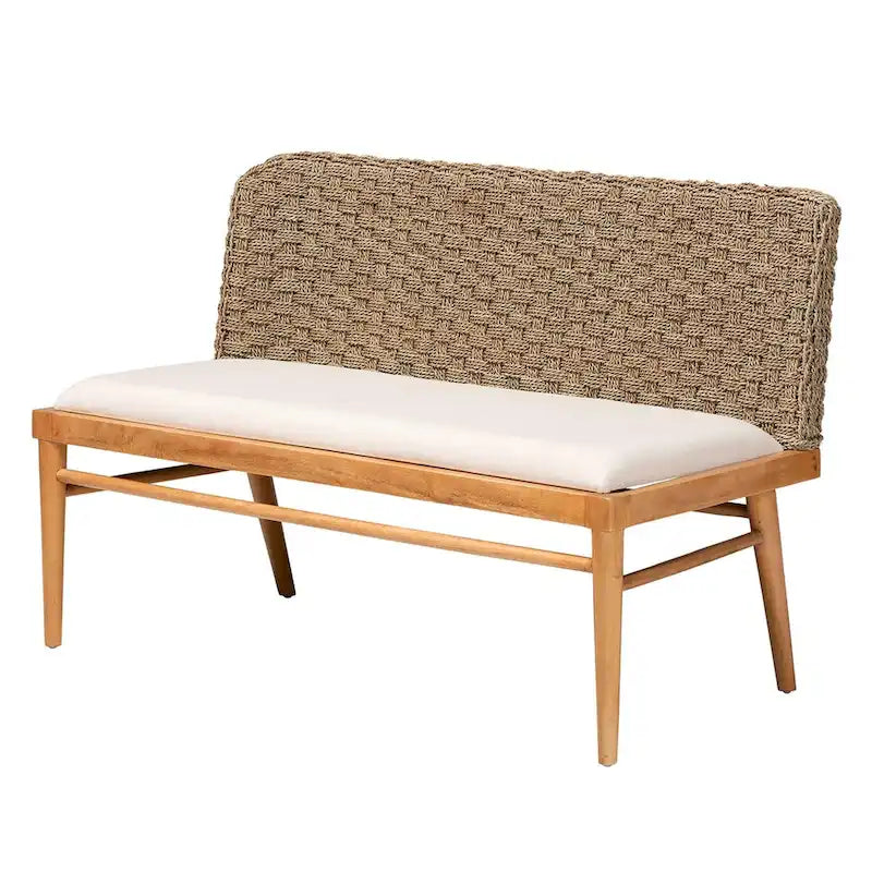 Denver Modern Bohemian Natural Seagrass and Acacia Wood 2-Piece Dining Nook Banquette Set