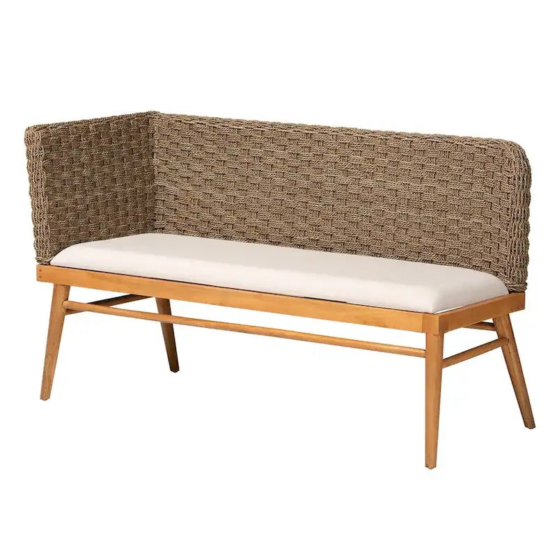 Denver Modern Bohemian Natural Seagrass and Acacia Wood 2-Piece Dining Nook Banquette Set