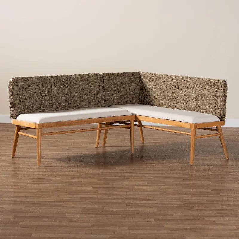 Denver Modern Bohemian Natural Seagrass and Acacia Wood 2-Piece Dining Nook Banquette Set