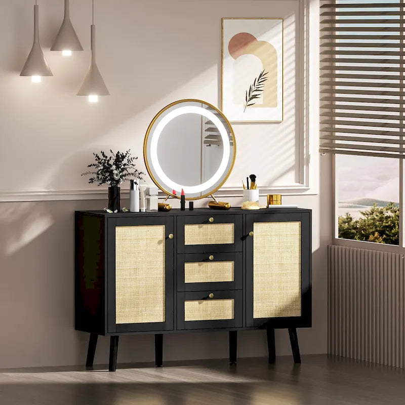 Anmytek Modern Wood Rattan Black Buffet Sideboard Accent Storage Cabinet with 3 Drawers and 2 Doors