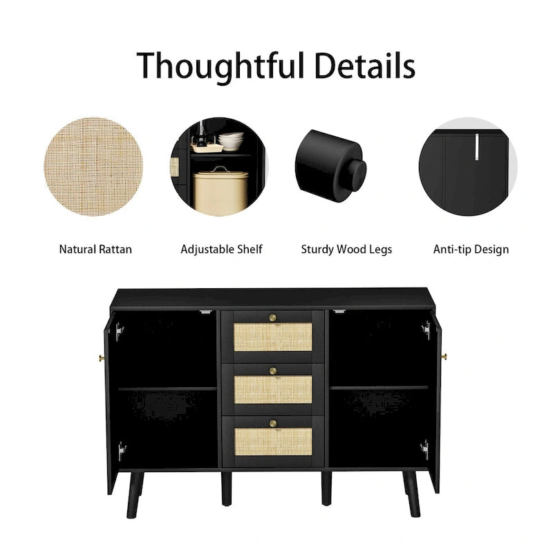 Anmytek Modern Wood Rattan Black Buffet Sideboard Accent Storage Cabinet with 3 Drawers and 2 Doors