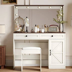 Roomfitters Farmhouse Makeup Vanity with Lights, Vanity Desk with Barn Door, 2 Drawers Makeup Table with Lighted Mirror