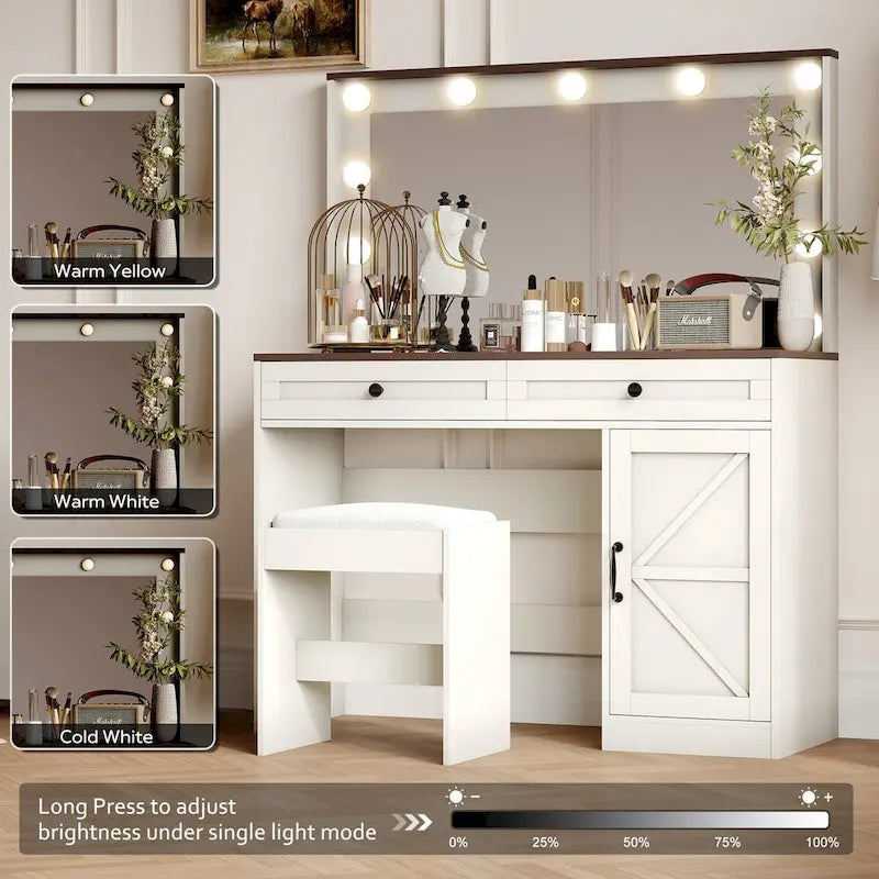 Roomfitters Farmhouse Makeup Vanity with Lights, Vanity Desk with Barn Door, 2 Drawers Makeup Table with Lighted Mirror