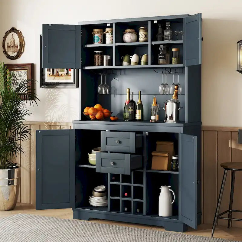 Bar Kitchen Cabinet with Storage,Farmhouse Wine Cabinet with Drawers Shelves and Cabinets,Buffet Cabinet Wine & Glass Racks
