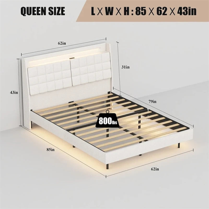 Queen Size LED Upholstered Platform Bed w/ Headboard& Charging Station
